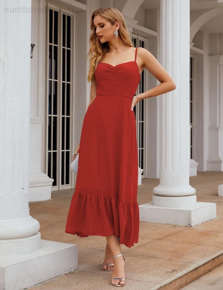 Numbersea Spaghetti-Träger Chiffon Brautjungfernkleid Knöchellänge Formell A-Linie Cocktail Party Homecoming-Kleid für Juniorinnen SEA28028