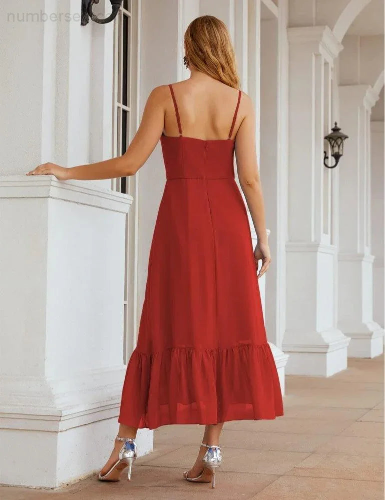 Numbersea Spaghetti-Träger Chiffon Brautjungfernkleid Knöchellänge Formell A-Linie Cocktail Party Homecoming-Kleid für Juniorinnen SEA28028