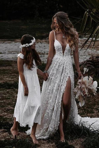 NumberSea Rustikales A-Linien-Brautkleid mit V-Ausschnitt und seitlichem Schlitz, Spitze, MW645