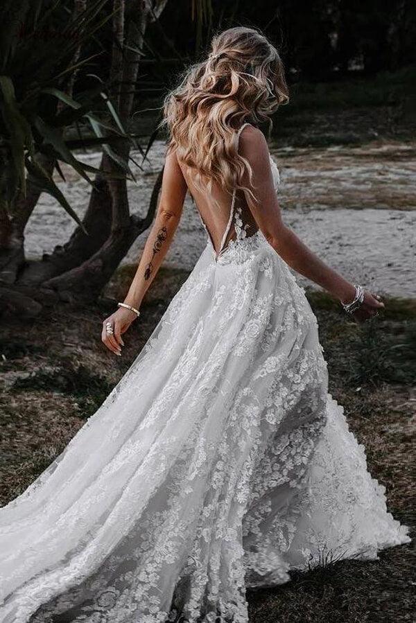NumberSea Rustic A-line V-neck Side Slit Lace Beach Wedding Dresses, Bridal Gown, MW645