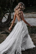 NumberSea Rustic A-line V-neck Side Slit Lace Beach Wedding Dresses, Bridal Gown, MW645