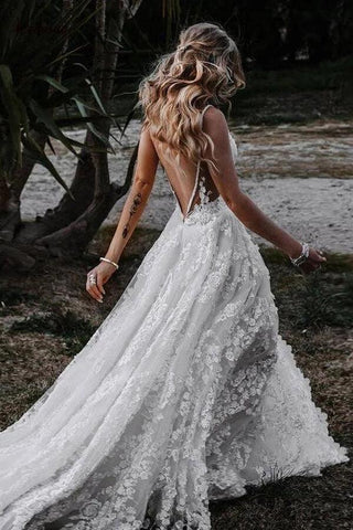 NumberSea Rustikales A-Linien-Brautkleid mit V-Ausschnitt und seitlichem Schlitz, Spitze, MW645