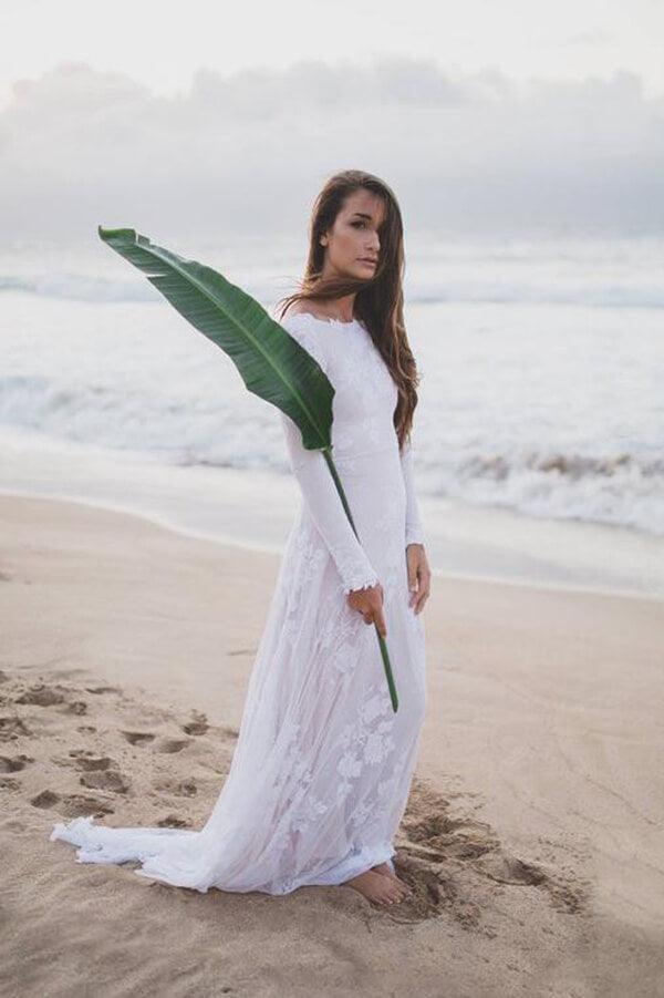 NumberSea Robe de mariée dos nu à manches longues sirène ivoire rustique, robe de mariée, MW594