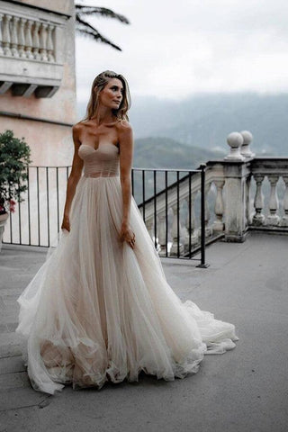 NumberSea Rustikales Tüll-Brautkleid mit Plissee, A-Linie, Herzausschnitt, MW624