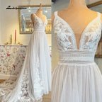 Lakshmigown V Neck Lace Appliques Boho Wedding Dress for Women Hochzeitskleid Robe Civil Boho Bridal Gown Vestido Novia