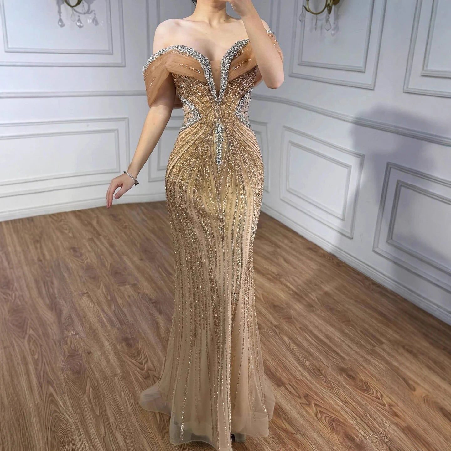 Serene Hill Customized Gold Mermaid Evening Dress 2026 Luxury Beaded Party Gowns for Women DLA73142A