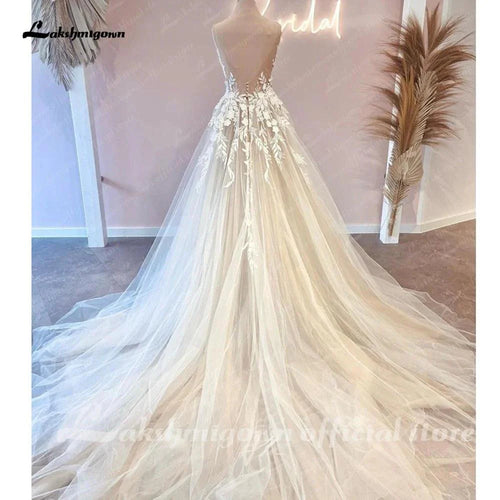 NumberSea Robe de mariée Princesse Florale en Dentelle pour Femmes Champagne Civil Boho Robes de mariée Vestido De Novia Train Cour
