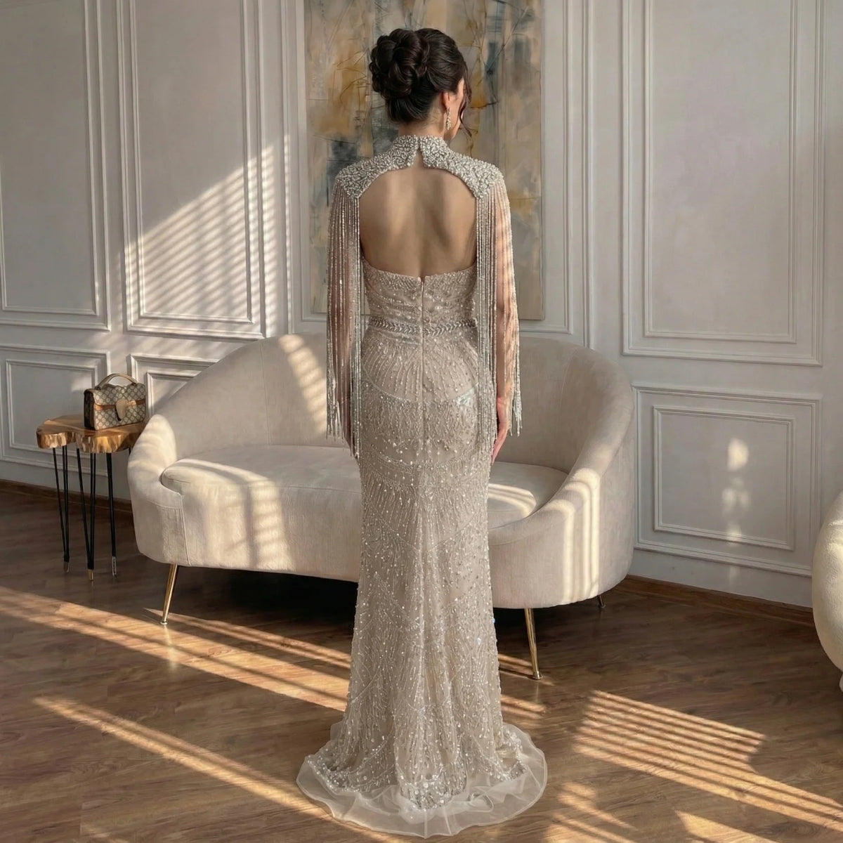 Serene Hill Luxury Beaded Mermaid Evening Dress Elegant Crystal Tassel Cape Celebrity Party Gown Vestidos Customized DLA73450A