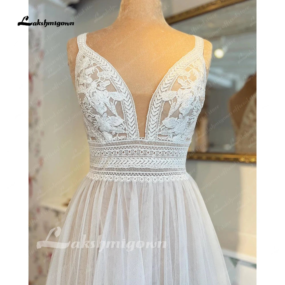 Lakshmigown V Neck Lace Appliques Boho Wedding Dress for Women Hochzeitskleid Robe Civil Boho Bridal Gown Vestido Novia