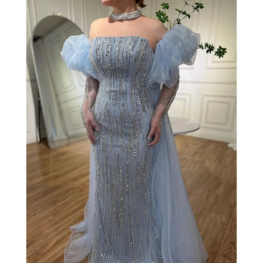 Serene Hill Customized Blue Mermaid Puff Sleeves Beaded Evening Dresses Dubai Elegant Party Gowns For Women 2024 DLA71823