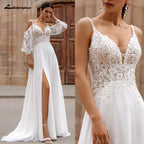 Lakshmigown Puffy Long Sleeve Boho Beach Wedding Dresses 2026 Off Shoulder Lace Chiffon V Neck Bridal Gown Customized