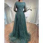 Serene Hill Lilac V-neck A-line Long Sleeves Luxury Beaded Evening Dresses Party Gowns for Women Customized DLA71793