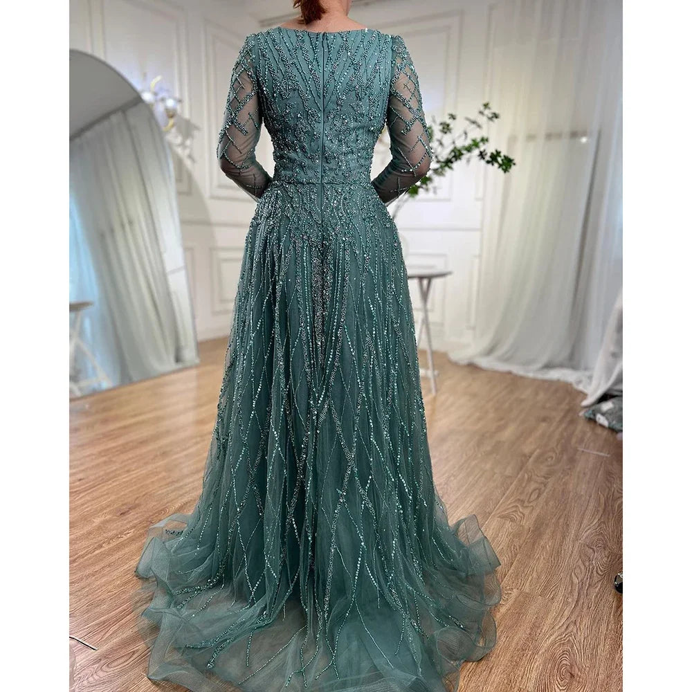 Serene Hill Lilac V-neck A-line Long Sleeves Luxury Beaded Evening Dresses Party Gowns for Women Customized DLA71793