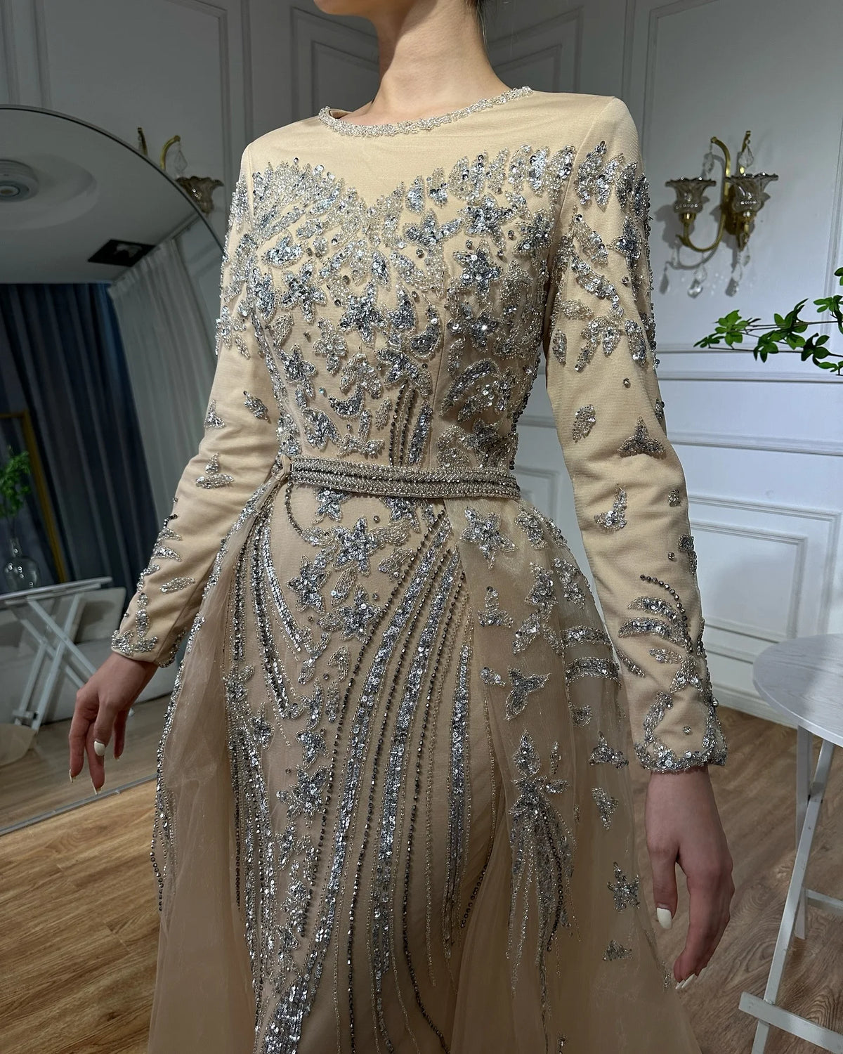 Serene Hill Customized Nude Long Sleeves Mermaid Beaded Muslim Evening Dresses Overskirt Dubai Party Gowns For Women DLA71943