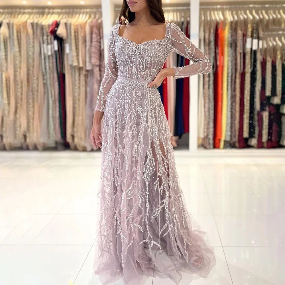 Serene Hill Customized Pink Long Sleeves Mermaid Split Beaded Two Pieces Evening Dresses 2025 Party Gowns For Women DLA71917