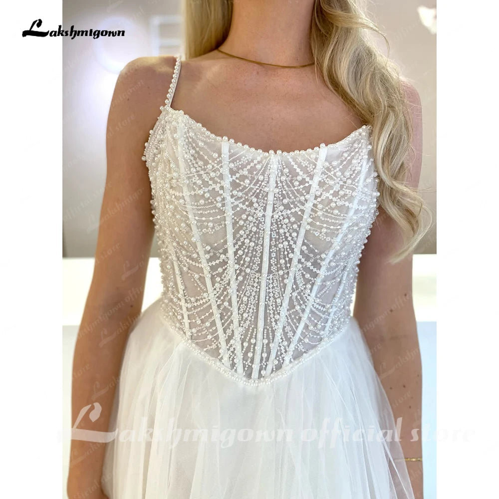 Lakshmigown Spaghetti Straps Wedding Dress for Women Pearls Beads Scoop Neck Tulle A-line Vestidos De Novia Customized