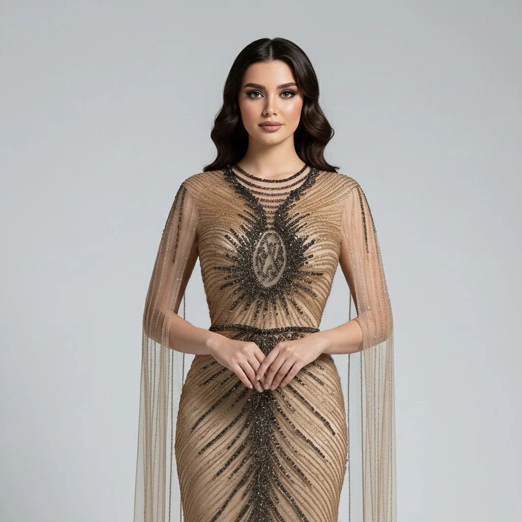 Serene Hill Luxury Beaded Mermaid Evening Dresses with Cape Sleeves Caramel Formal Party Gown for Women Customized DLA72940