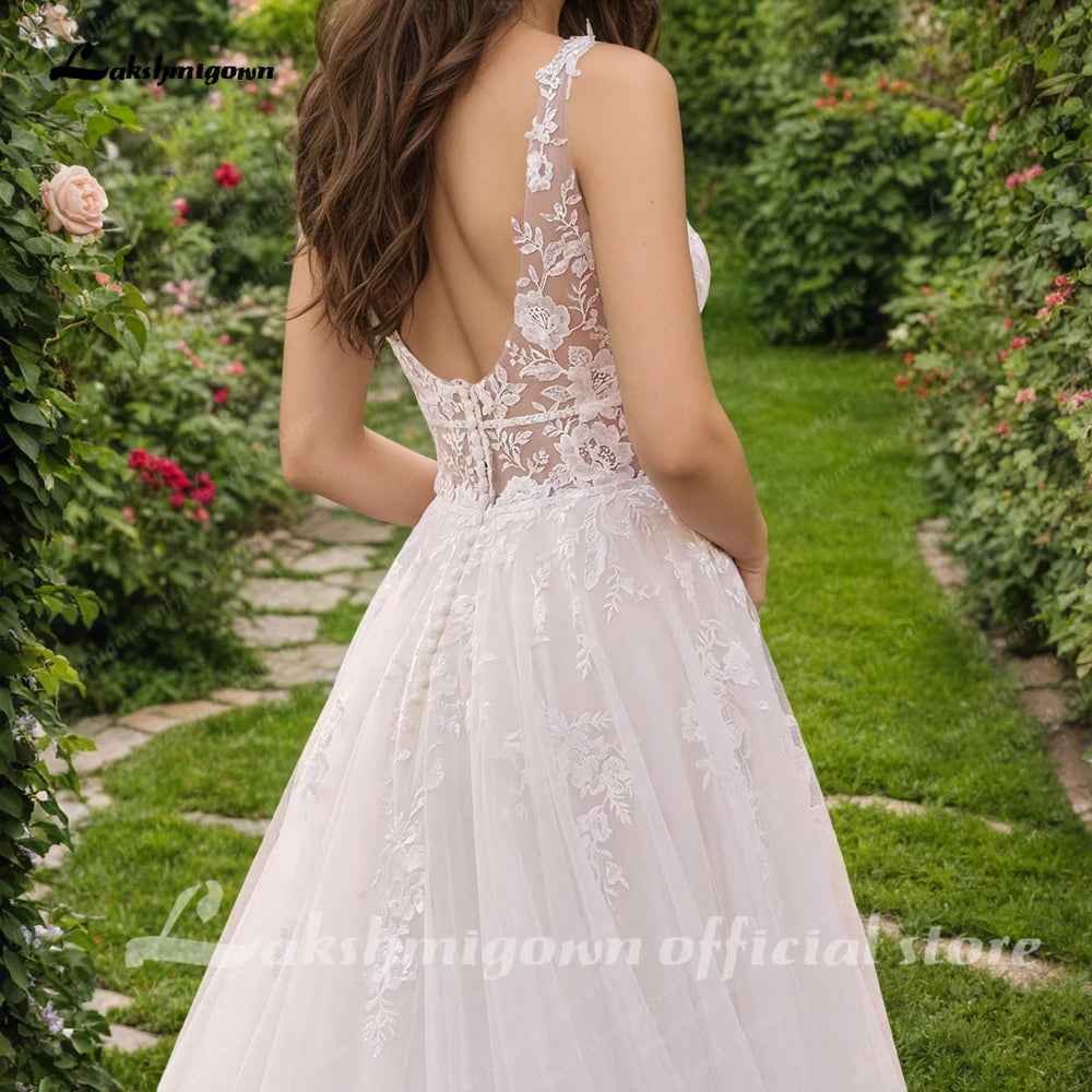 Lakshmigown A Line Plunging V Neck Wedding Dress with Flowy Tulle Skirt for Bridal Reception Elopement Outdoor Street