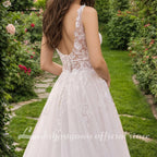 Lakshmigown A Line Plunging V Neck Wedding Dress with Flowy Tulle Skirt for Bridal Reception Elopement Outdoor Street