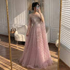 Serene Hill Pink A-line Evening Dress with Cape Sleeves Beaded Wedding Party Gowns for Women DLA72994 Customized