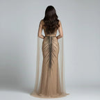 Serene Hill Luxury Beaded Mermaid Evening Dresses with Cape Sleeves Caramel Formal Party Gown for Women Customized DLA72940