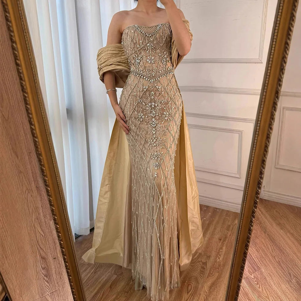 Serene Hill Nude Strapless Off Shoulder Mermaid Overskirt Evening Dress Beaded Party Gowns for Women 2025 Customized DLA72819