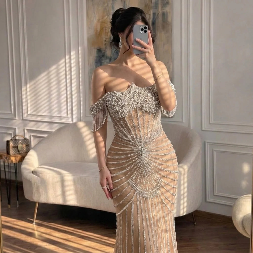 Serene Hill Red Mermaid Beaded Pearl Off-Shoulder Evening Gown 2026 High End Couture Party Dress for Women Customized DLA73148A