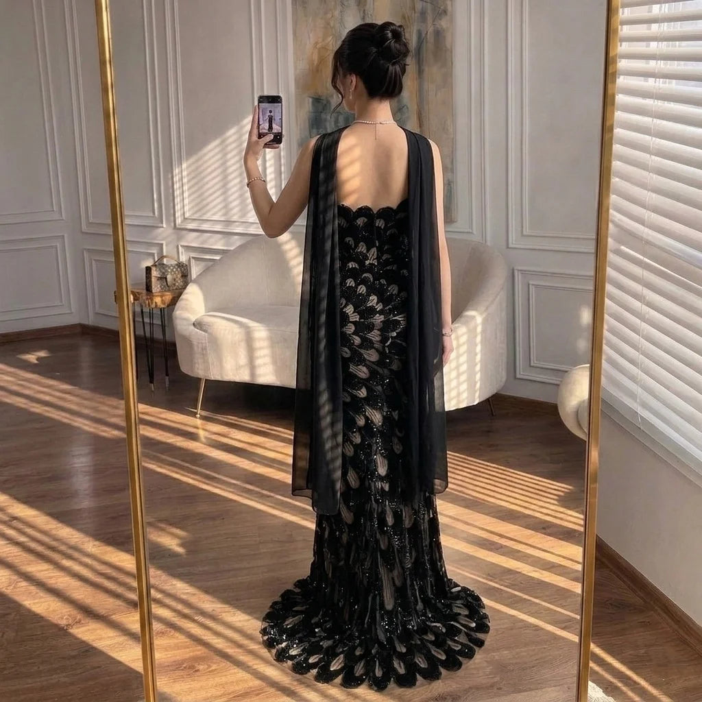 Serene Hill 2026 Black Strapless Mermaid Evening Dress with Scarf Elegant Formal Party Gowns for Women DLA73607 Customizedf
