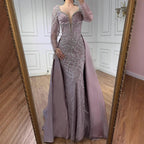 Serene Hill Customized 2026 High-end Beaded Blue Long Sleeves Evening Dress with Overskirt Satin Party Gowns for Women DLA72963