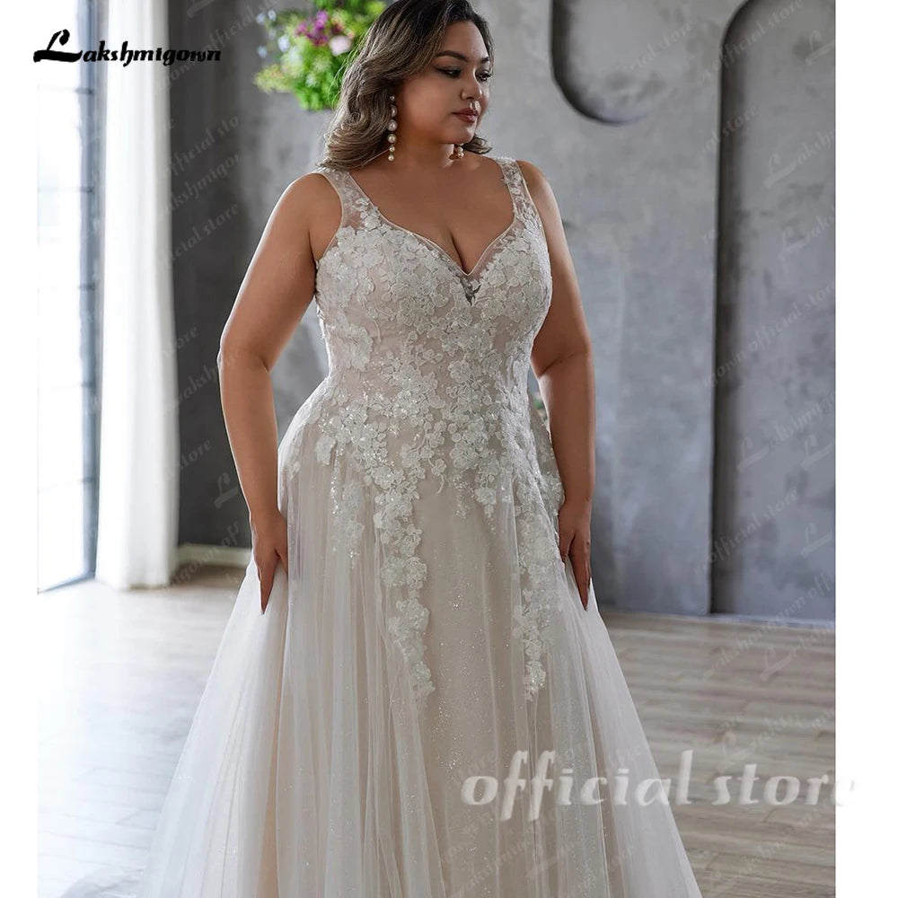 Lakshmigown Plus Size V-neck Wedding Dresses For Woman Bride Illusion Back A-line Tulle Appliques Bridal Gown Customized