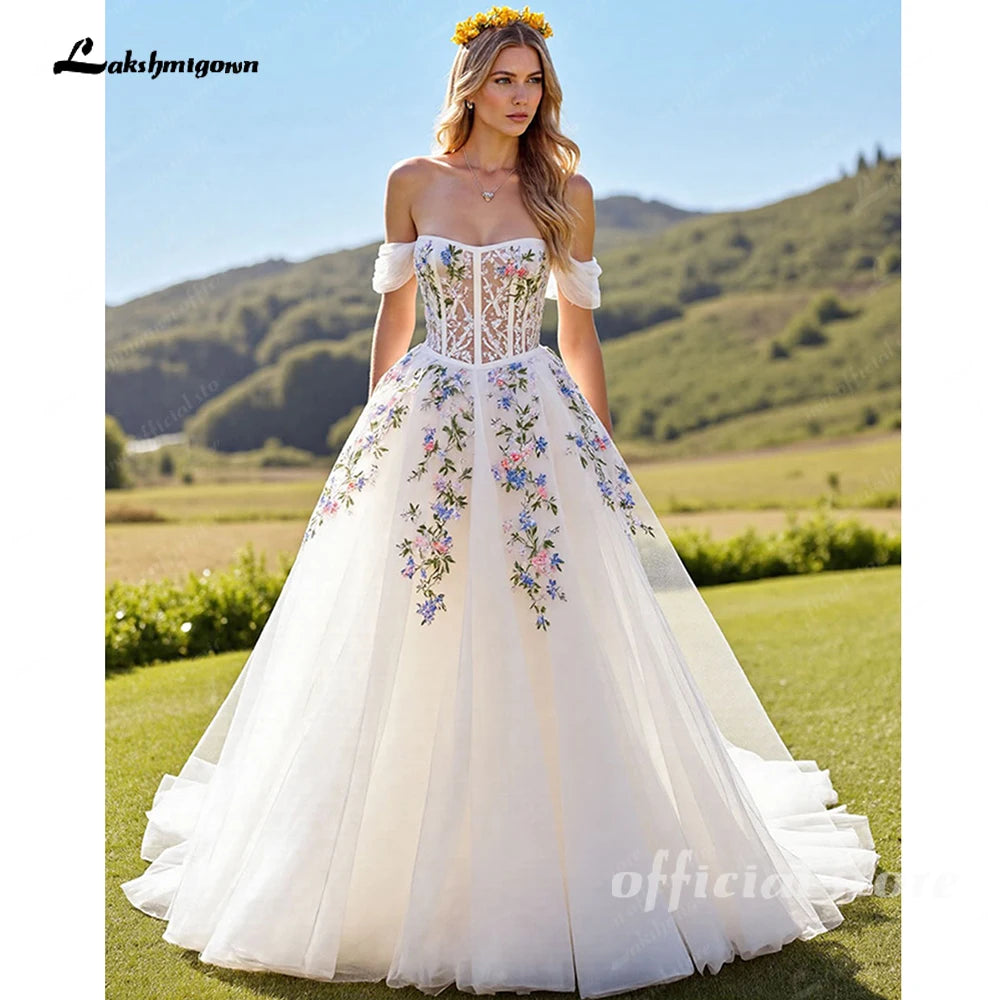 Lakshmigown Embroidery Flowers Floral Off The Shoulder Ivory A Line Wedding Dress Strapless Gowns Customized Vestidos de fiesta
