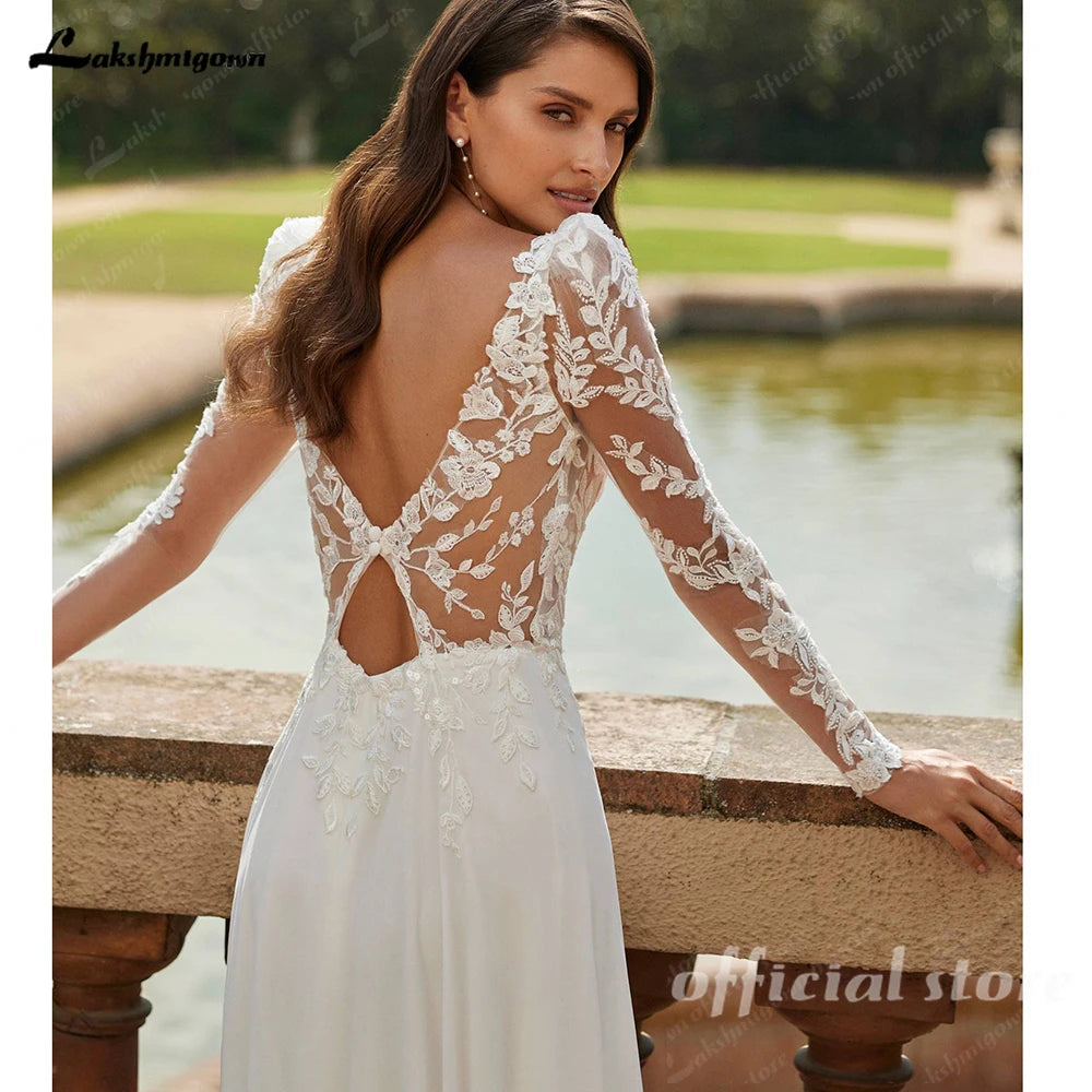 Lakshmigown Long Sleeve Wedding Dress 2026 Boho Beach Illusion Backless A Line Chiffon Bridal Gown Lace Robe De Mariée Customize