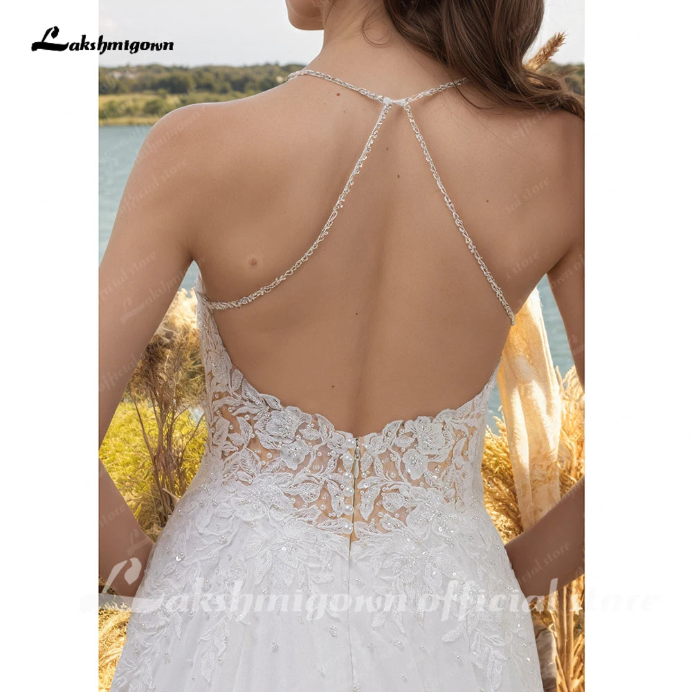 Lakshmigown Mophiel Boho Wedding Dresses Spaghetti Straps Lace Appliques Tulle Bride Dress A-line Corset Pearl Bridal Gown