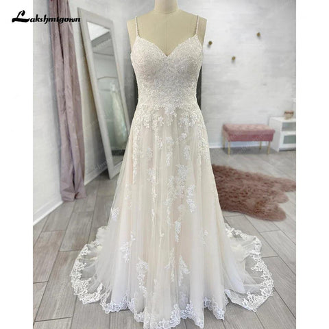 Vestido de noiva sexy com alças finas e tule, costas nuas, renda, com flores, festa, vestido de noiva 2025, boda elegante 