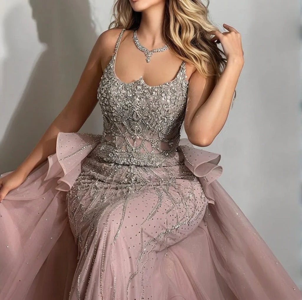 Serene Hill Pink Spaghetti Strap Mermaid Beaded Evening Dresses with Overskirt Formal Party Gowns for Women DLA72810 Customized