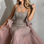 Serene Hill Pink Spaghetti Strap Mermaid Beaded Evening Dresses with Overskirt Formal Party Gowns for Women DLA72810 Customized
