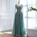 Serene Hill Turquoise Square Collar Beaded Evening Dress with Cape Sleeves Dubai Pary Gowns for Women DLA73188 Customized
