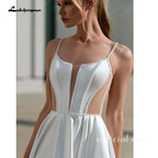 Lakshmigown Modern Wedding Dress Spaghetti Straps High Slit Sweep Train Satin Bridal Gown for Bride Customized