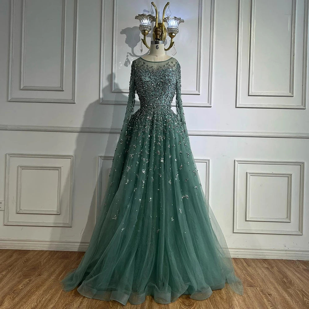 Serene Hill Turquoise A-line Beaded Evening Dress with Cape Sleeves Elegant Party Gowns for Women Customized DLA72965