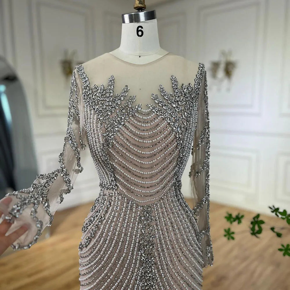 Serene Hill Customized Sliver Nude Long Sleeves Pearls Beaded Luxury Evening Dresses Formal Party Gowns for Women DLA72478