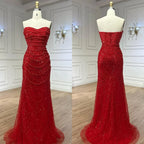 Serene Hill Red Strapless Mermaid Pearls Beaded Evening Dresses with Long Cape Wedding Party Gowns 2025 DLA72585A Customized