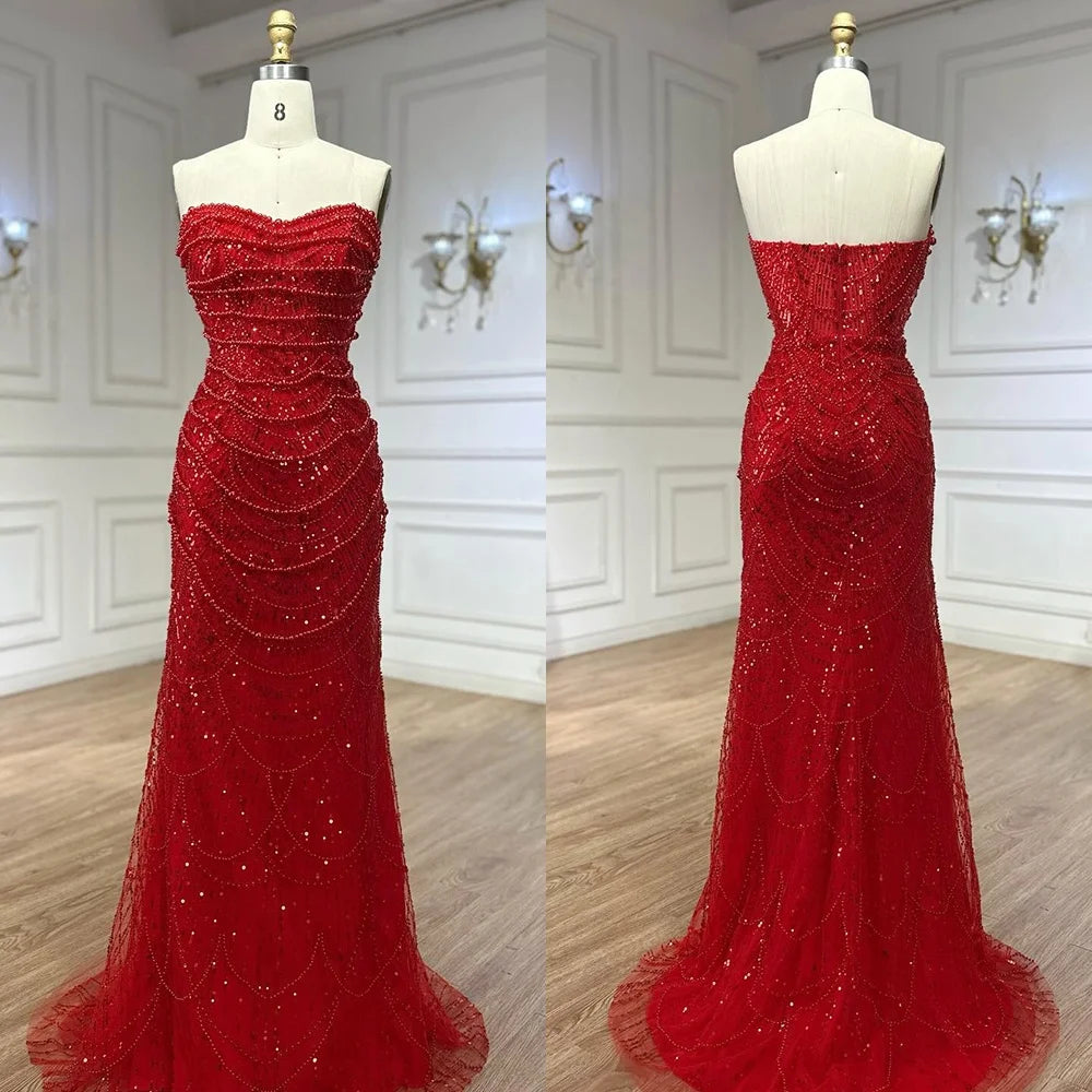 Serene Hill Red Strapless Mermaid Pearls Beaded Evening Dresses with Long Cape Wedding Party Gowns 2025 DLA72585A Customized