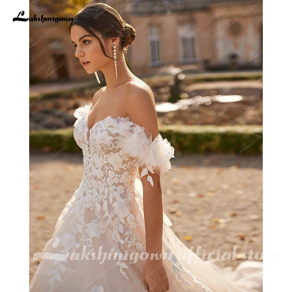 Lakshmigown Sweetheart Tulle Wedding Dress Sequins Appliques Lace Off Shoulder Bridal Gown Vestidos Customized