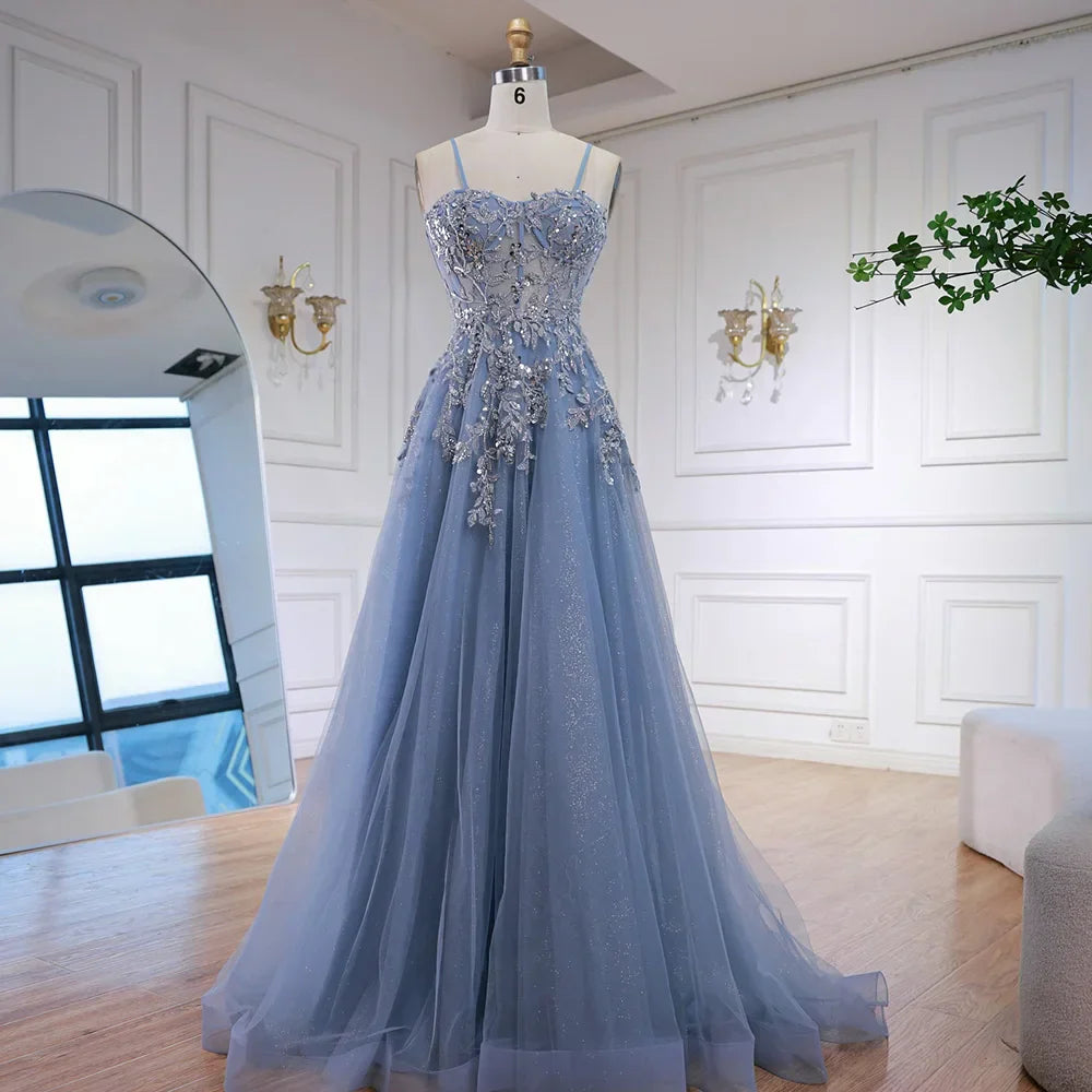 Abito da Ballo Sfarzoso in Tulle Grigio a Linea A con Applicazioni Floreali LA73015
