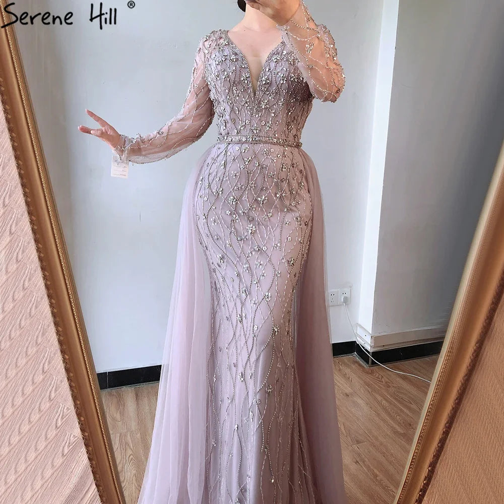 Serene Hill Lilac V-Neck Long Sleeves Mermaid Beaded Evening Dress Detachable Overskirt Party Gown for Women DLA70341