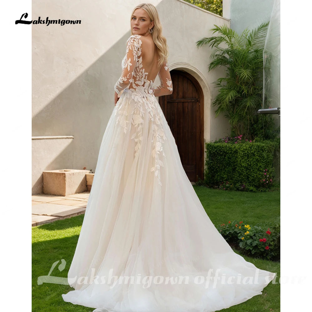 Lakshmigown O-Neck Long Sleeves Wedding Dress 2026 A-Line Tulle Illusion Back Bride Gowns Applique Customized Vestido De Noiva