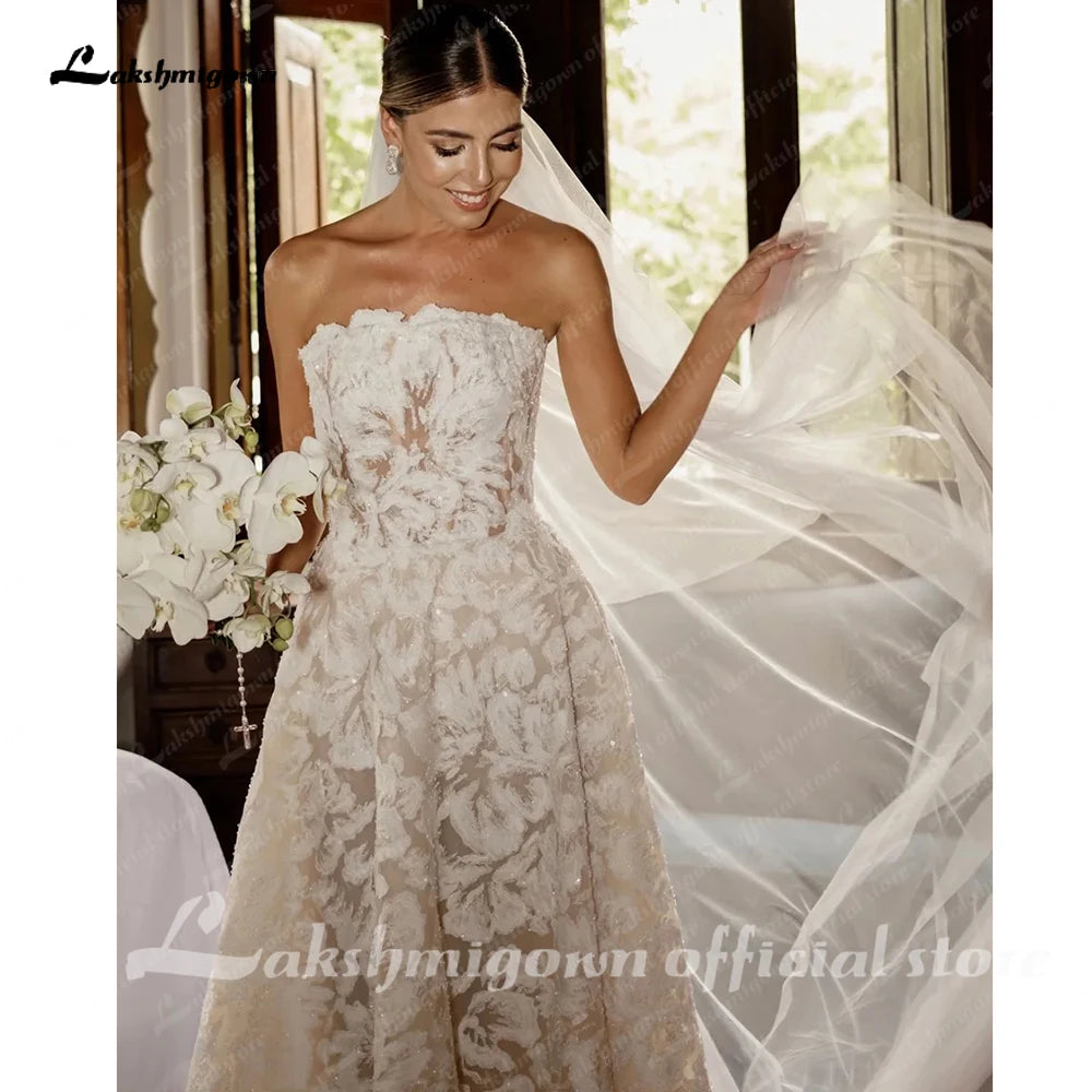 Lakshmigown Full Lace Strapless Wedding Dress Featuring Stunning Lace Appliques and Floral A-Line Bridal Dress Customized
