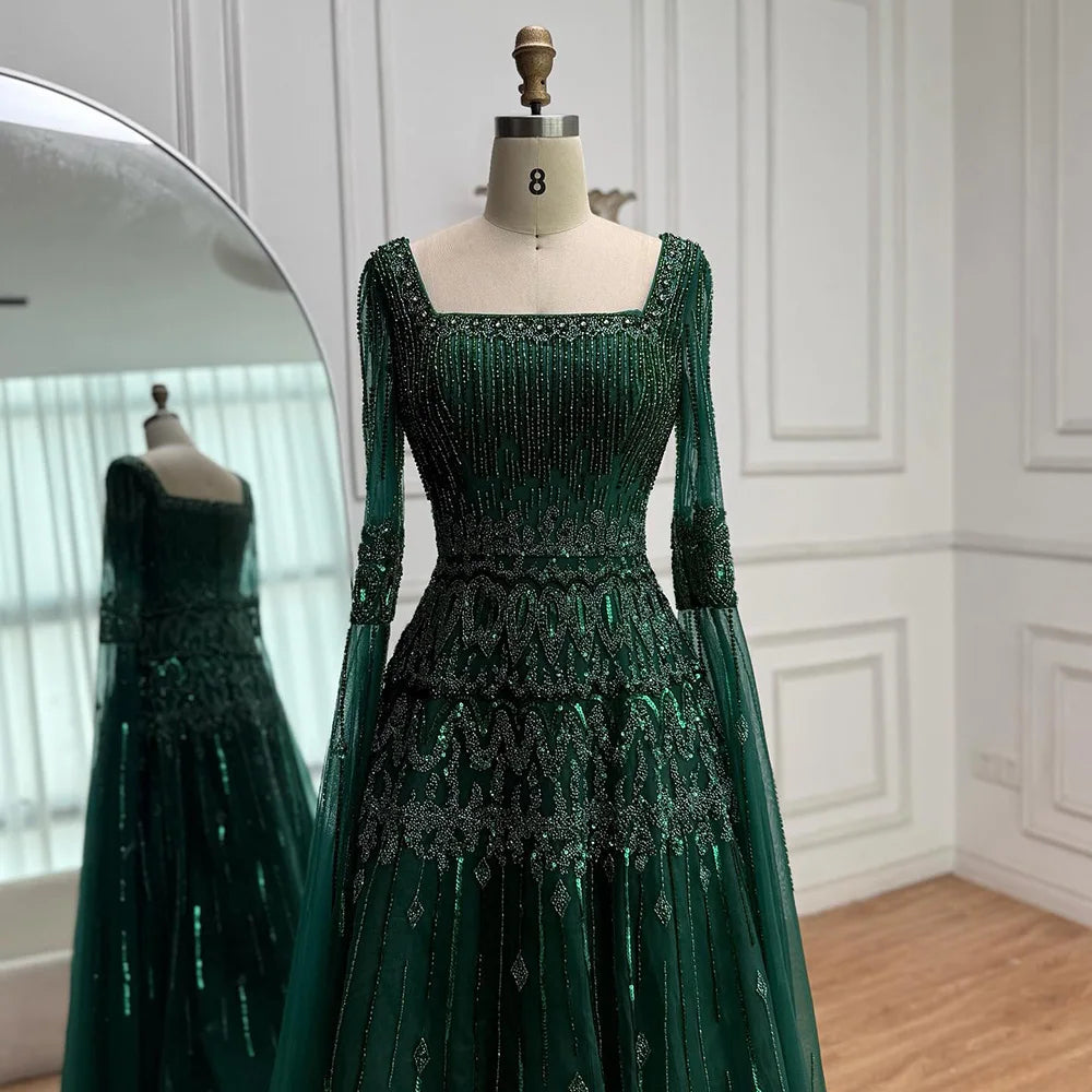 Serene Hill 2026 Customized Caramel Beaded A-Line Evening Dress with Cape Sleeves Formal Party Gowns for Women DLA73089