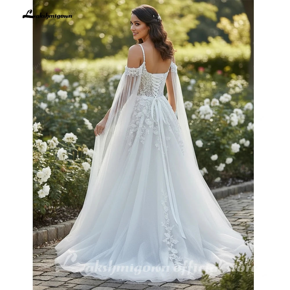 Lakshmigown Sexy Wedding Dress with Detachable Cape Spaghetti Straps Applique Sweep Train Woman Bridal Gown for Bride Customized