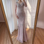 Serene Hill Pink V-neck Long Sleeves Mermaid Luxury Beaded Evening Dress 2026 Wedding Party Gowns DLA73191 Customized